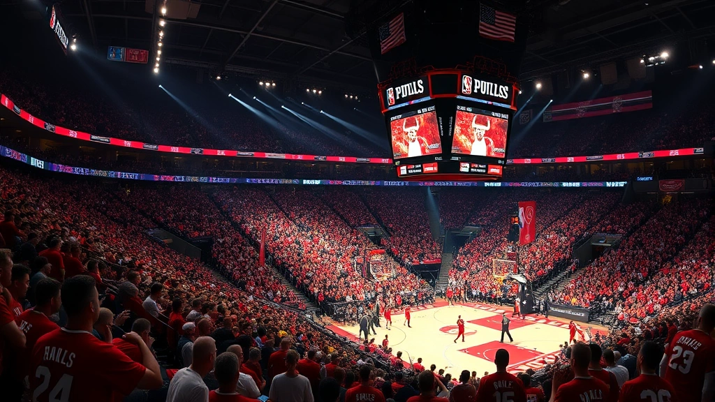 Crowded NBA arena interior during Bulls game with excited fans wearing red jerseys, dynamic lighting, and basketball court action visible