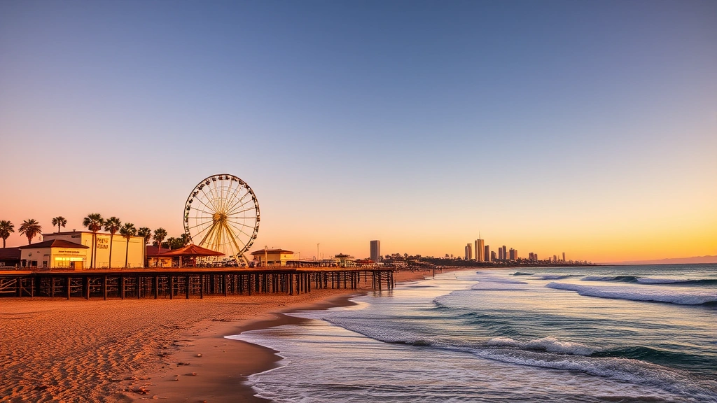 Santa Monica Pier and beach at golden hour with Ferris wheel lit up, palm trees, and Pacific Ocean waves with LA skyline in distance