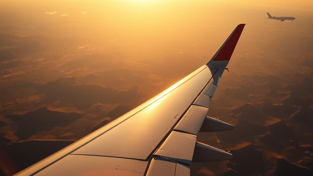 Aerial view of commercial aircraft cruising over the American continental landscape, with patchwork farmland and mountains visible below, golden afternoon sunlight illuminating the wing and fuselage, photorealistic