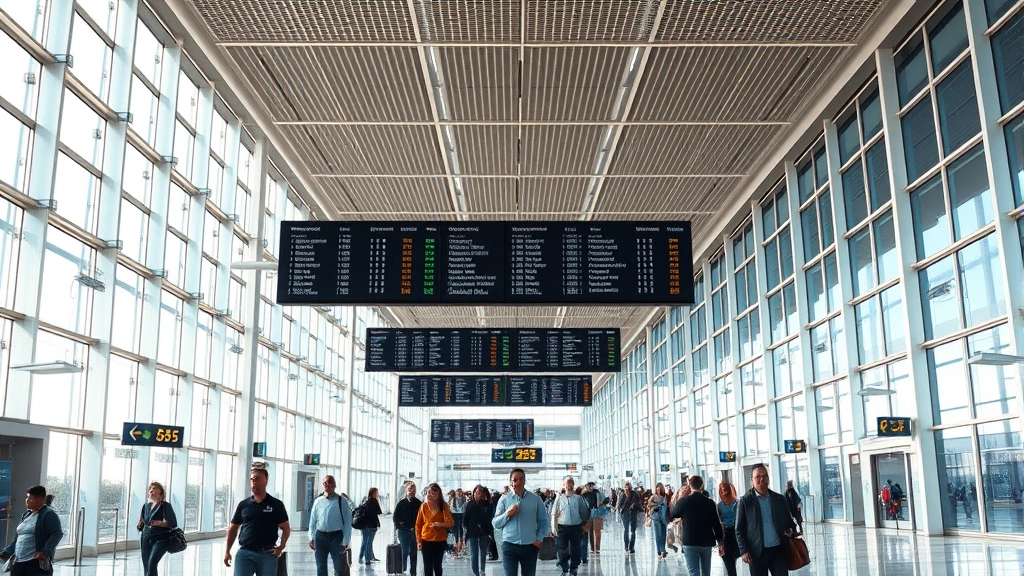 Modern airport terminal interior with travelers walking through spacious corridors, bright natural light from large windows, digital departure boards overhead, bustling but organized atmosphere, photorealistic