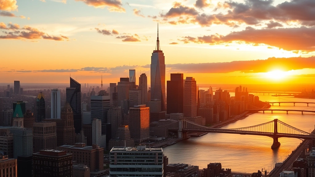 Panoramic cityscape showing Manhattan skyline at sunset with Empire State Building and One World Trade Center prominent, Hudson River reflecting golden light, East River bridges visible, photorealistic