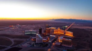 Aerial view of Las Vegas Strip at sunset with desert landscape extending toward horizon, mountains in distance, vibrant city lights reflecting off hotel buildings, wide-angle perspective showing urban sprawl meeting natural terrain