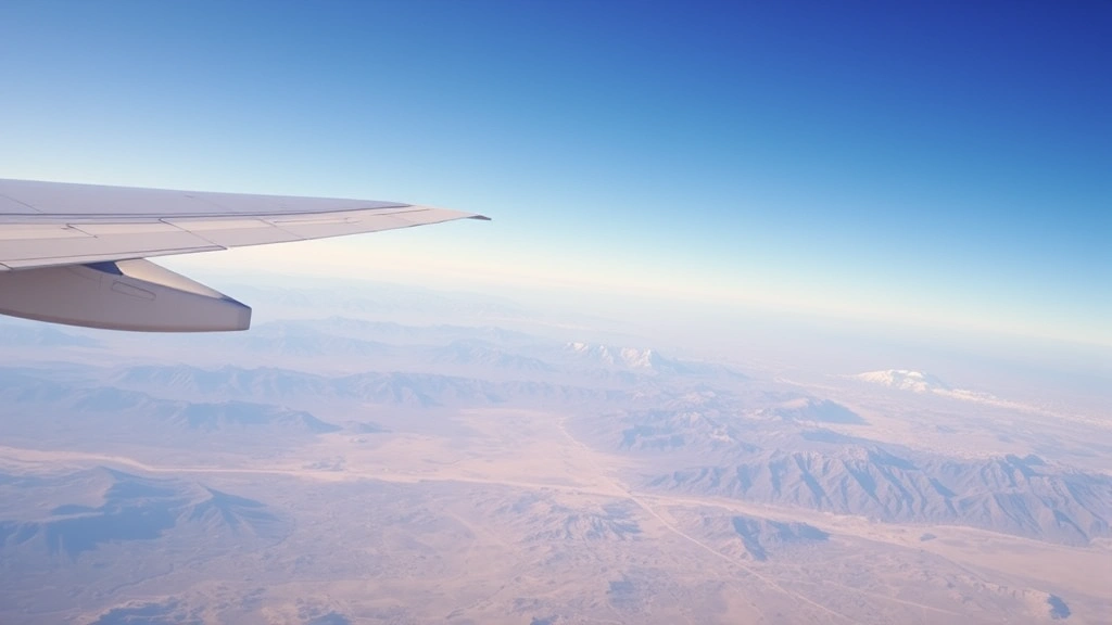 Modern commercial airplane in flight over desert terrain between Las Vegas and Reno, Sierra Nevada mountains visible below, clear blue sky, aircraft captured mid-flight showing wing detail against landscape backdrop