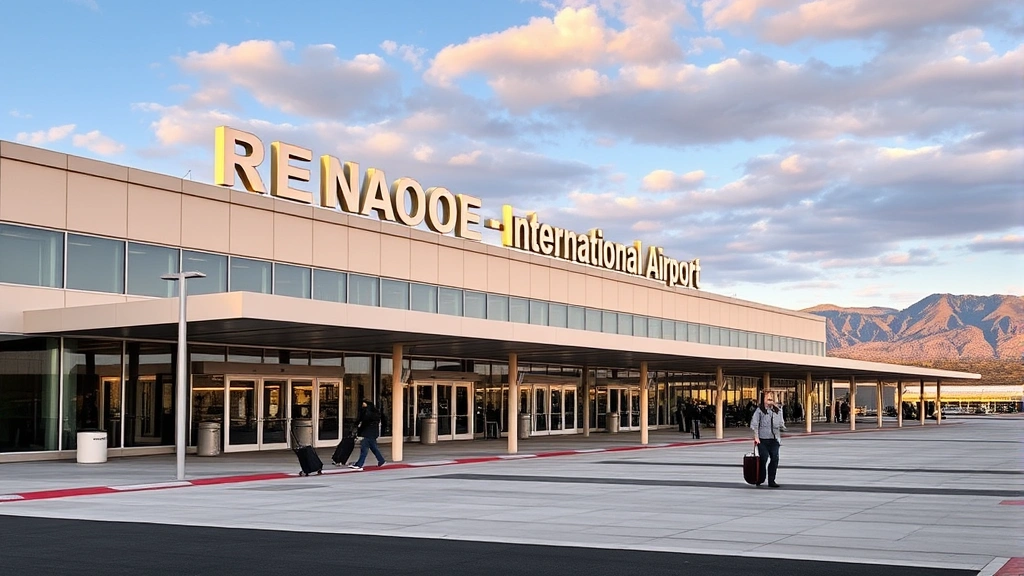 Reno-Tahoe International Airport terminal exterior with modern architecture, mountains visible in background, travelers with luggage near entrance, natural lighting showing Nevada desert setting, contemporary airport facilities