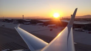 Sunrise over Los Angeles International Airport with commercial aircraft on tarmac, golden morning light reflecting off airplane fuselage, modern terminal buildings in background, busy airport activity