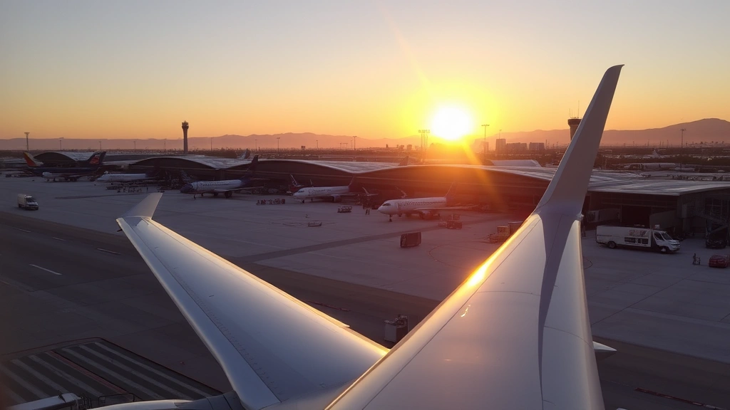 Sunrise over Los Angeles International Airport with commercial aircraft on tarmac, golden morning light reflecting off airplane fuselage, modern terminal buildings in background, busy airport activity