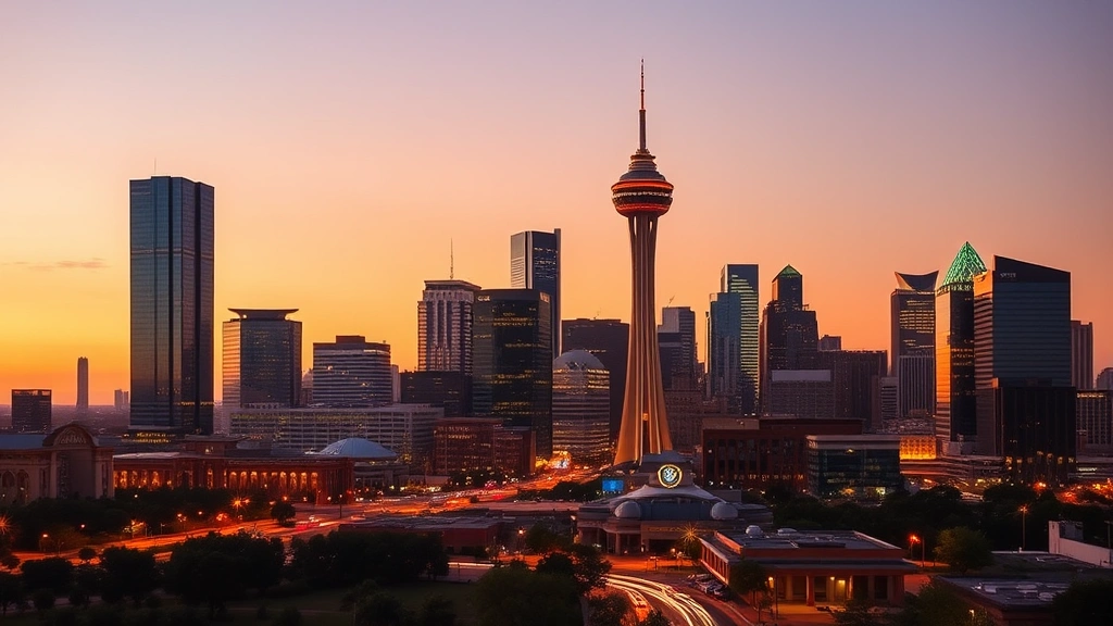 Downtown Dallas skyline during golden hour with modern skyscrapers and urban landscape, vibrant city lights beginning to illuminate, Reunion Tower prominent, Texas sunset colors