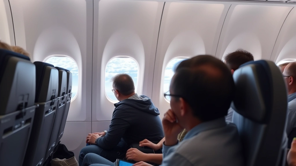 Modern airplane cabin interior during flight with passengers seated, window showing blue sky and clouds at cruising altitude, natural daylight streaming through windows, comfortable travel scene
