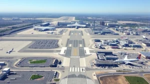 Overhead view of Los Angeles International Airport (LAX) with runways, aircraft, and terminal buildings on a clear sunny day, showing the scale of commercial air traffic