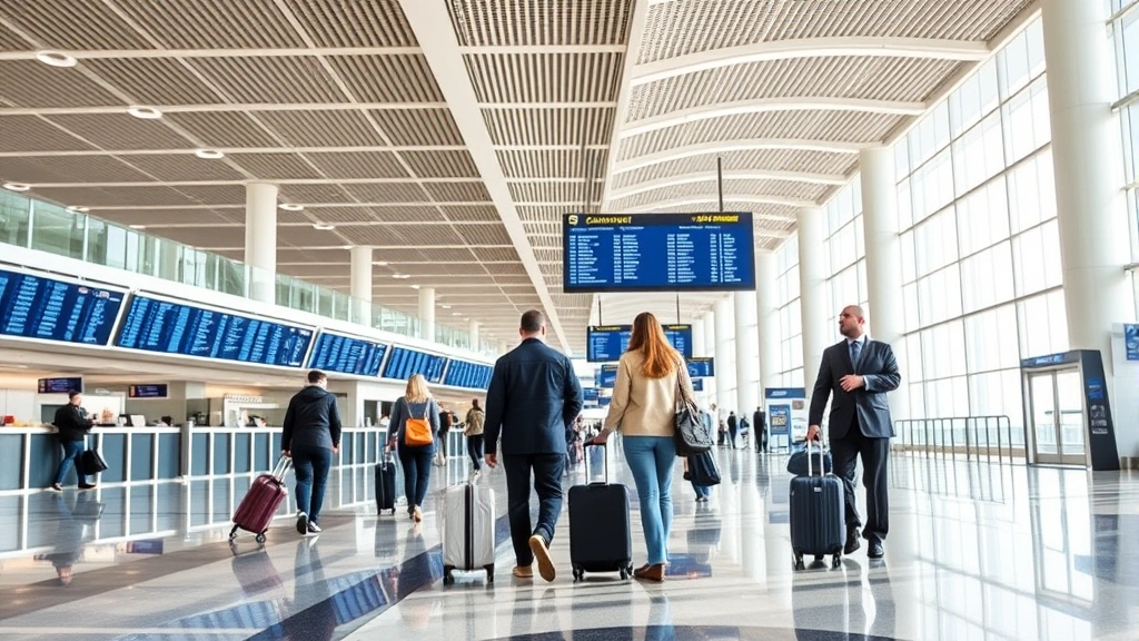 Interior of modern airport terminal with travelers with luggage walking past departure boards and airline ticket counters, bright modern architecture and natural lighting