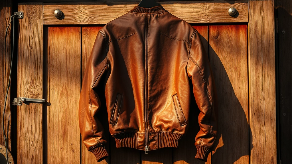Vintage leather flight jacket hanging on weathered wooden hangar door, rich brown patina leather with visible wear patterns, ribbed knit collar and cuffs, golden sunlight creating dramatic shadows, authentic aviation heritage aesthetic