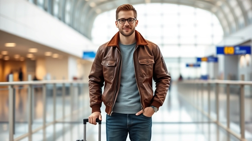 Modern traveler wearing brown leather flight jacket over casual outfit, standing in airport terminal with luggage, confident relaxed posture, natural lighting highlighting leather quality and jacket proportions, contemporary travel fashion context
