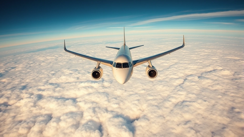 Wide-angle view of a modern commercial aircraft cruising at high altitude above a blanket of white clouds with Atlantic Ocean visible below, golden hour lighting, photorealistic