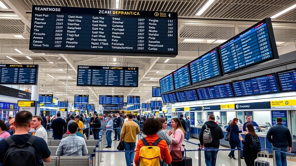Busy international terminal at London Heathrow Airport with diverse passengers at check-in counters and departure boards displaying transatlantic flight information, professional travel photography