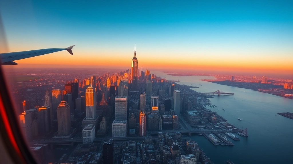 Aerial view of New York City skyline with Manhattan's iconic skyscrapers at sunrise, East River visible, perfect arrival view from aircraft window, vibrant morning light