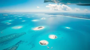 Aerial view of turquoise Bahamian waters and white sandy beaches with small islands dotting crystal clear ocean, shot from airplane window showing Miami coastline fading into distance, bright tropical sunlight
