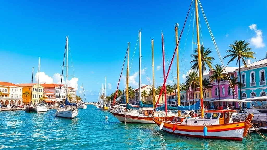 Colorful traditional Bahamian boats and sailboats anchored in Nassau harbor with pastel colonial buildings and palm trees lining waterfront, clear blue sky, vibrant Caribbean atmosphere