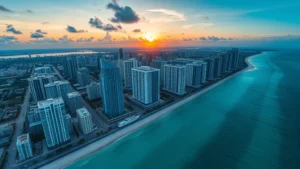 Aerial view of Miami skyline with turquoise ocean and modern downtown buildings at sunset, photorealistic travel photography