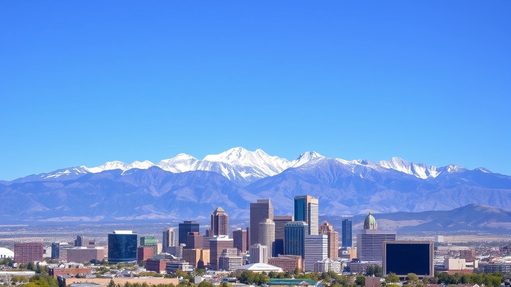 Denver skyline with Rocky Mountains in background, clear blue sky, urban landscape with mountain vista, daytime photography