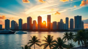 Vibrant Miami skyline at sunset with Biscayne Bay reflecting golden light, modern skyscrapers and palm trees in foreground, tropical evening atmosphere
