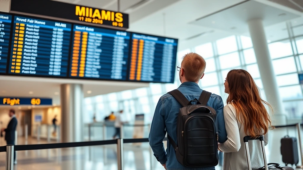 Young couple at Miami airport departure gate looking at flight information display board, modern airport interior with natural light, excited travel mood, luggage nearby