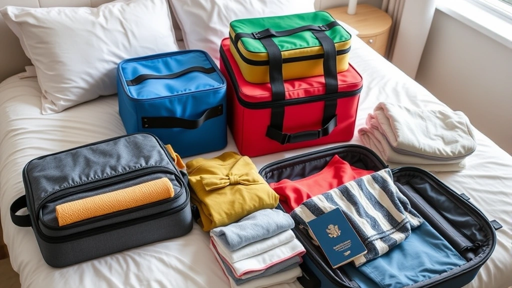 Colorful organized packing cubes and travel luggage laid out on a bed with neatly folded clothes, toiletries bag, and passport, bright natural lighting from window