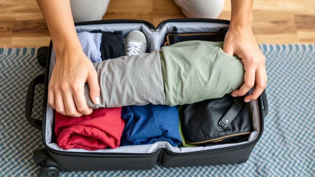 Traveler rolling clothes efficiently into a suitcase using compression technique, showing neat organization with color-coordinated clothing items and travel accessories