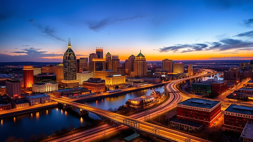 Panoramic skyline view of Nashville at golden hour with illuminated downtown buildings reflected in Cumberland River, Broadway district lights twinkling, Tennessee evening sky in background