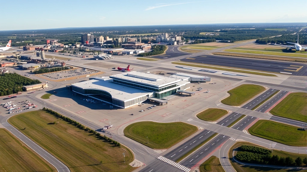 Aerial view of Nashville International Airport (BNA) with modern terminal building, runway, and surrounding cityscape in daylight, professional photography, no text or signage visible