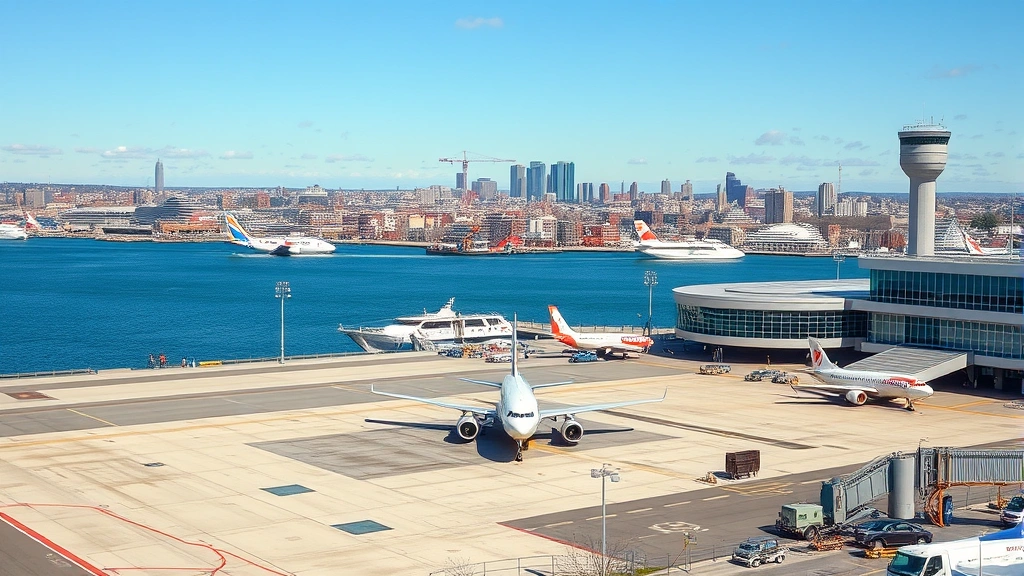 Boston Logan International Airport waterfront with aircraft on tarmac, harbor views in background, modern airport infrastructure, bright daylight, photorealistic travel photography