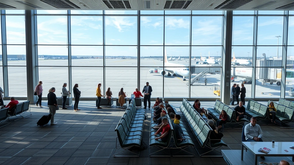 Interior of modern airport gate area with comfortable seating, large windows showing aircraft at terminal, diverse travelers waiting, clean contemporary design, professional airport environment