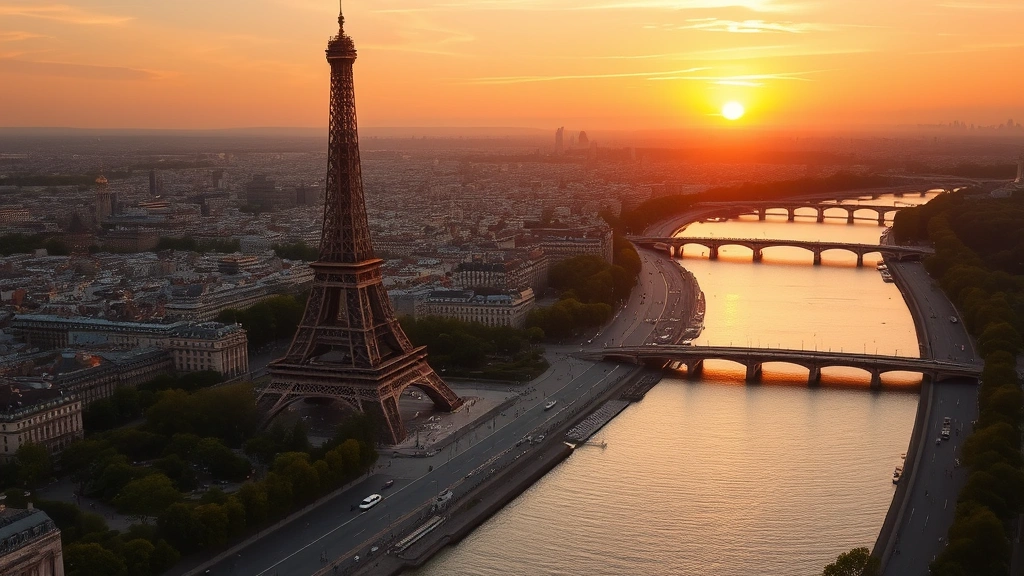 Panoramic view of Paris Eiffel Tower at golden hour sunset with Seine River reflections, romantic atmospheric lighting, travel destination photography