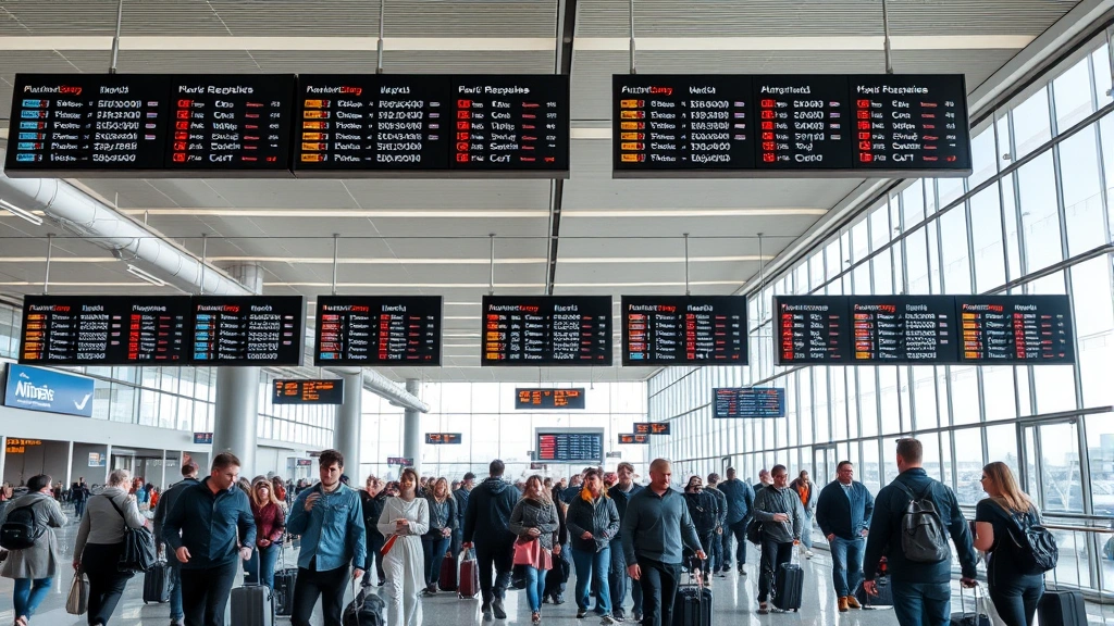 Busy modern airport terminal interior with departure boards showing flight information, travelers with luggage, large windows with natural light, contemporary travel hub atmosphere