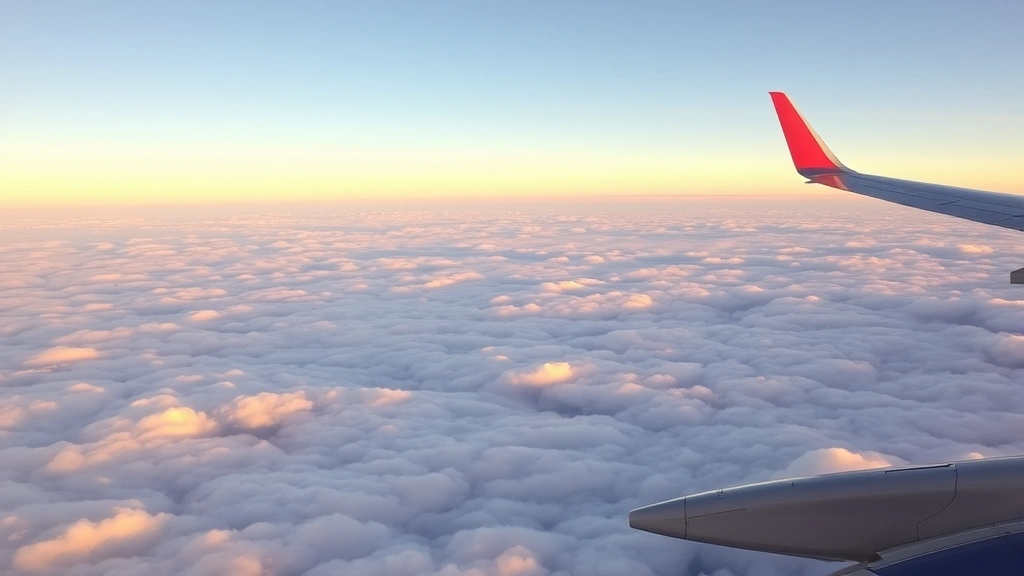 Aerial view of transatlantic aircraft flying over ocean clouds at dawn, wing visible, expansive cloudscape below, international flight journey perspective