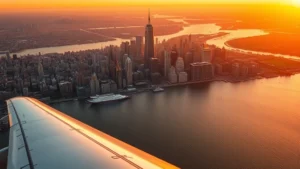 Aerial sunrise view of Manhattan skyline with Hudson River and airplane wing visible, golden hour lighting, photorealistic professional photography