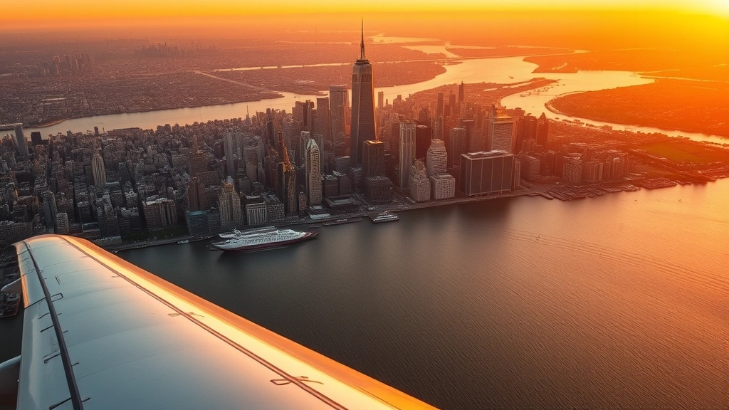 Aerial sunrise view of Manhattan skyline with Hudson River and airplane wing visible, golden hour lighting, photorealistic professional photography