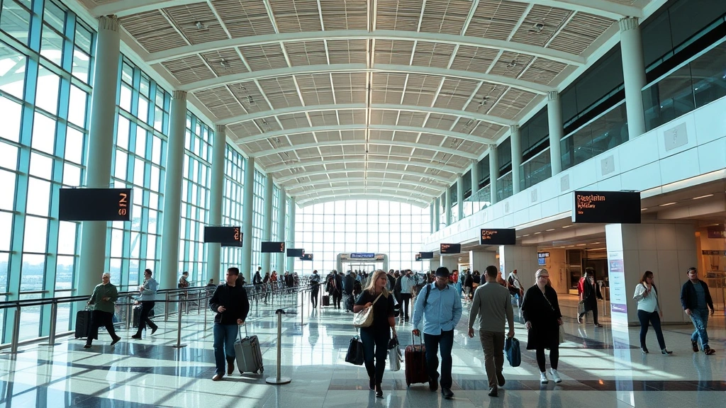 Reagan National Airport terminal interior with passengers walking through modern architecture, natural light streaming through windows, bustling but organized atmosphere