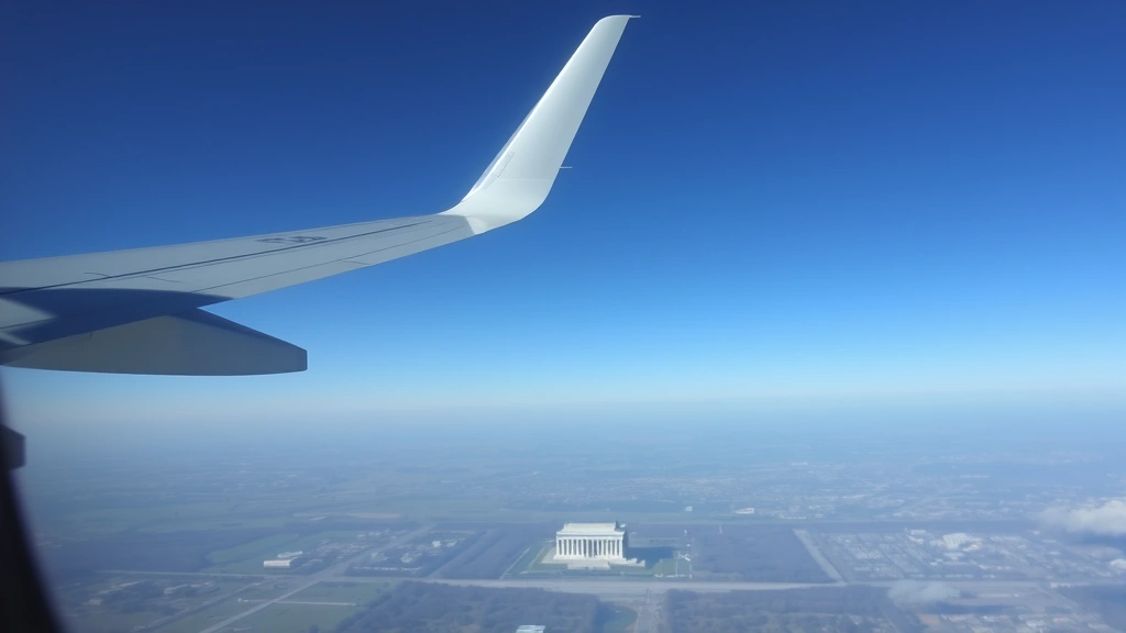 Washington DC monuments visible from airplane window during descent, clear sky, Lincoln Memorial and National Mall visible below, photorealistic aerial perspective