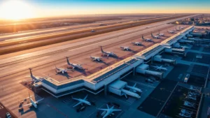 Aerial view of Newark Airport (EWR) terminal buildings and runways at sunrise, planes parked at gates, bustling tarmac activity, morning light casting long shadows