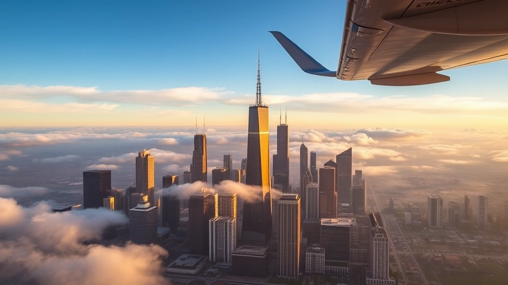Chicago skyline with Willis Tower and modern skyscrapers viewed from airplane window during descent, clouds breaking apart, golden hour lighting, cityscape stretching to horizon