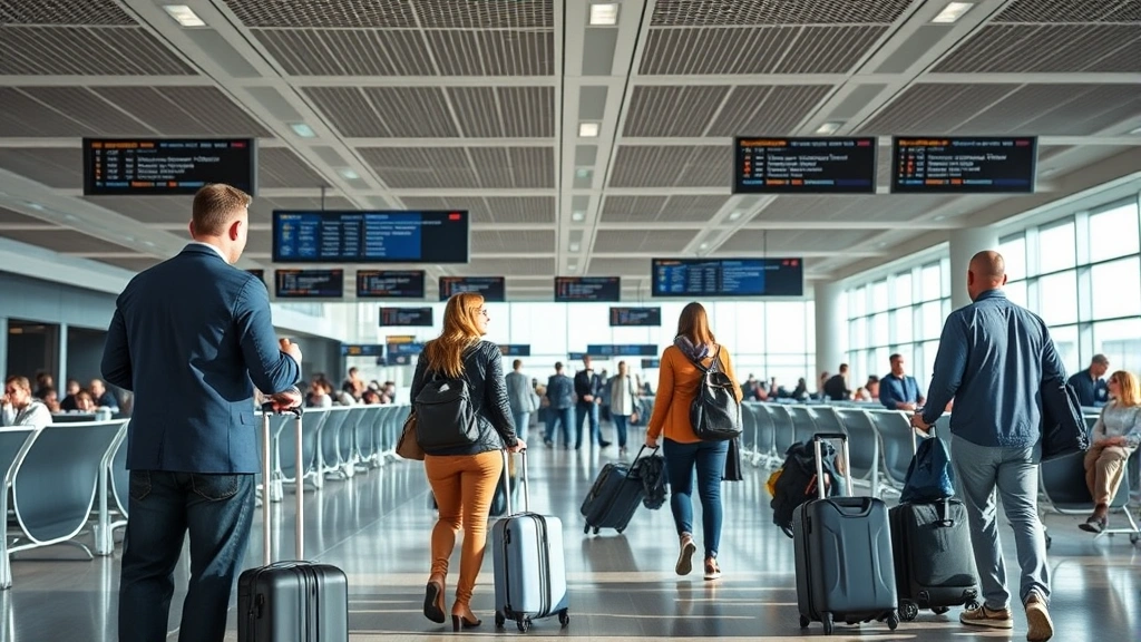 Travelers at airport gate lounge with carry-on luggage, checking flight information on overhead screens, casual business travelers waiting to board, modern airport interior with natural light