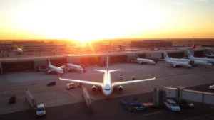 Aerial view of Newark Liberty International Airport with planes parked at gates during golden hour sunset, modern terminal buildings visible in background, commercial aircraft in focus
