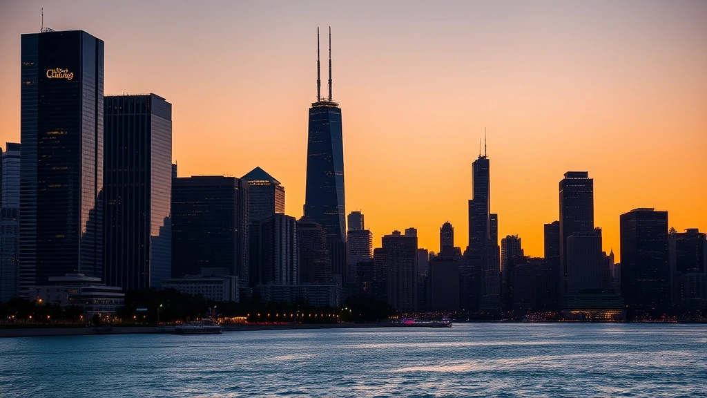 Chicago skyline featuring Willis Tower and Lake Michigan waterfront at sunset, downtown skyscrapers reflecting on water, vibrant city lights beginning to glow, architectural urban landscape