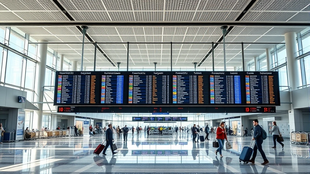 Modern airport departure hall with digital flight information display boards showing various destinations, travelers with luggage walking through contemporary terminal, bright natural lighting from large windows