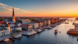 Aerial view of Charleston waterfront at golden hour with historic buildings, church steeples, and harbor boats, photorealistic travel photography