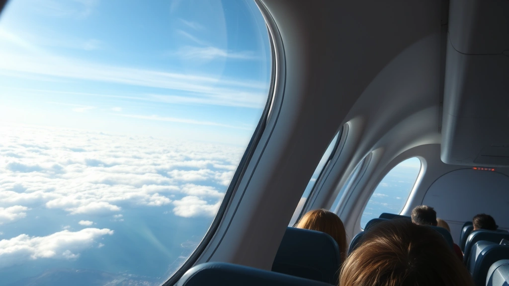 Modern airplane interior during flight with window view of clouds and coastline below, passengers in seats, bright natural lighting