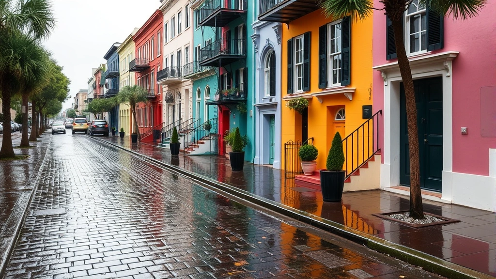 Charleston's Rainbow Row colorful historic houses reflected in wet cobblestone street after rain, pastel buildings, authentic destination photography