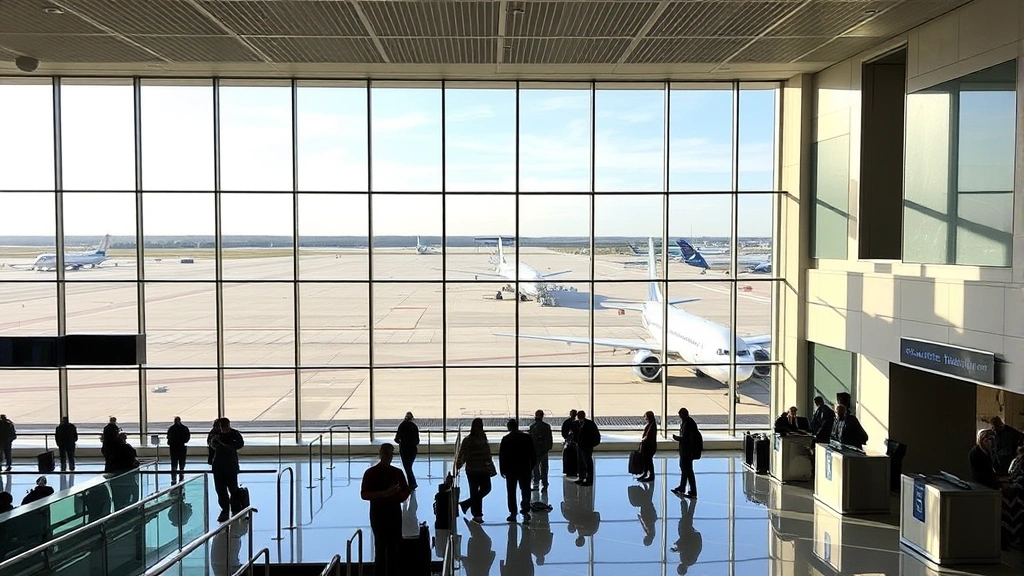 Charlotte Douglas International Airport modern terminal interior with travelers at check-in counters, large windows showing aircraft on tarmac, contemporary architecture with natural lighting