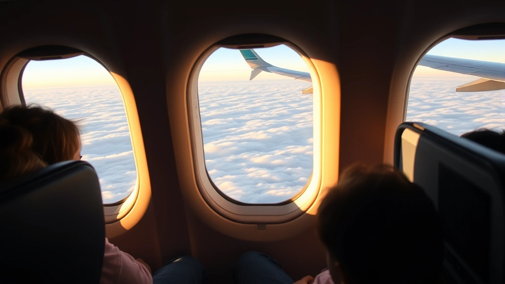 Airplane cabin interior during flight showing window seat view of clouds below, wing of aircraft visible, passengers in comfortable seating, warm cabin lighting