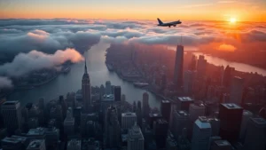 Aerial view of Manhattan skyline at dawn with Hudson River reflecting morning light, skyscrapers gleaming, airplane ascending toward clouds